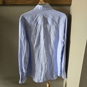 100% Italian Linen Youth Boy L 12 Blue Button Up Dress Shirt Natural Preppy Boat